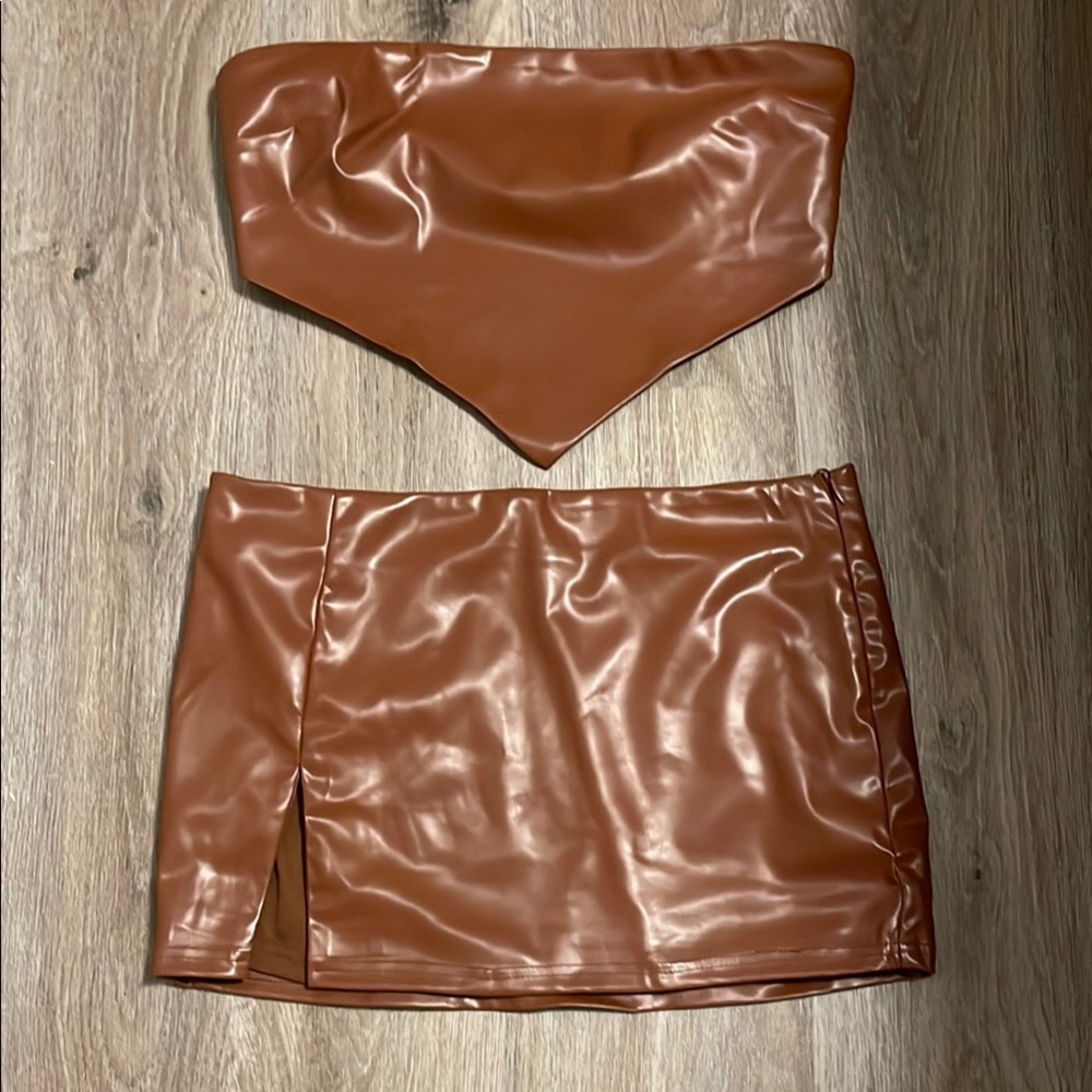 SUPERDOWN Faux Leather Brown Mini Skirt Set